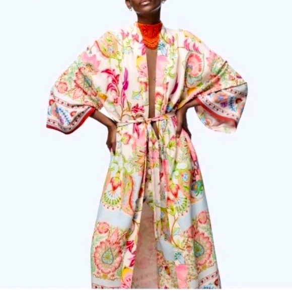 XS 🔖 Satin Colorful Boho Floral Printed Belted Kimono Duster Robe - Picture 3 of 9